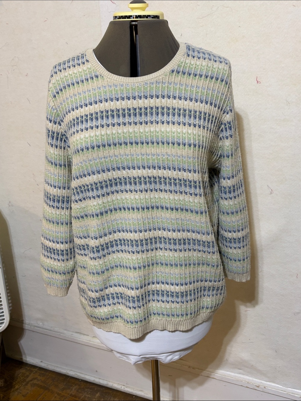 Alfred Dunner Cream Crewneck Sweater with Blue & Green Stripes